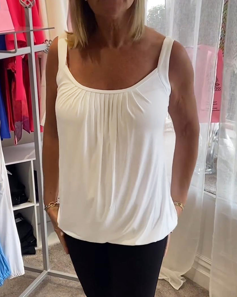 Pleated solid casual sleeveless top 202466 summer tank tops & camis