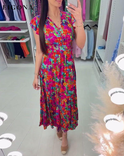 Colorful floral print V-neck elegant dress casual dresses summer