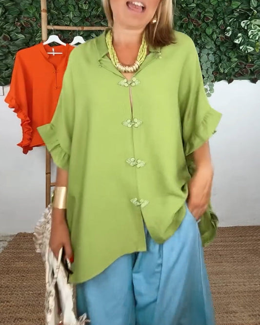 Lapel Button Bat Sleeve Shirt