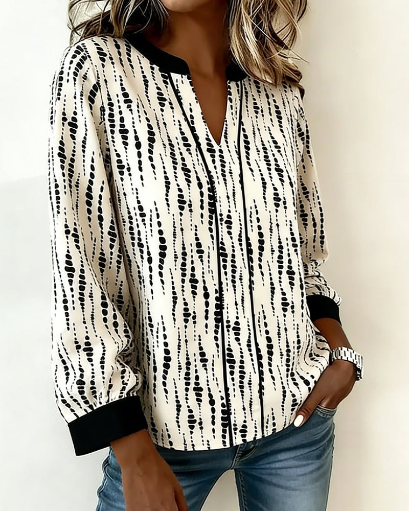 Color-Blocked V-Neck Long-Sleeved Printed Top