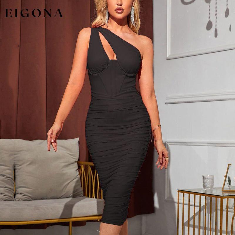 Women's Solid Color Asymmetric Cutout One-shoulder Midi Dress Black Clothes