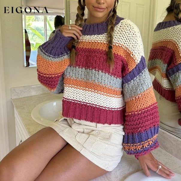 Women's round neck pullover striped contrast sweater Rose clothes Sweater sweaters Sweatshirt