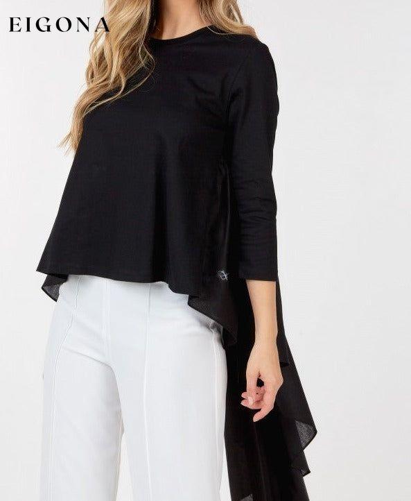 Contrast Ruffle Quarter Sleeve High Low Casual Top APPAREL Black CCPRODUCTS clothes long sleeve shirt long sleeve shirts long sleeve top NEW ARRIVALS shirt shirts top TOPS