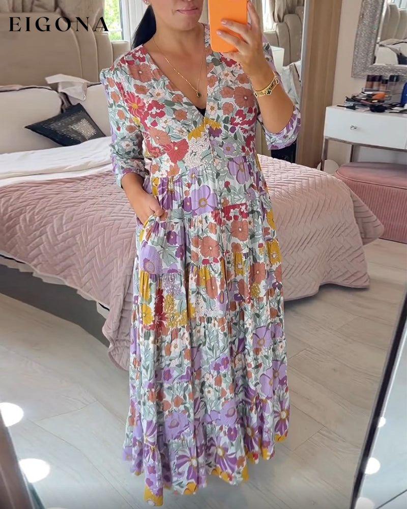 Pastoral style printed v-neck dress 23BF Casual Dresses Clothes Dresses Spring Summer