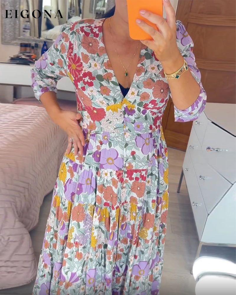 Pastoral style printed v-neck dress 23BF Casual Dresses Clothes Dresses Spring Summer