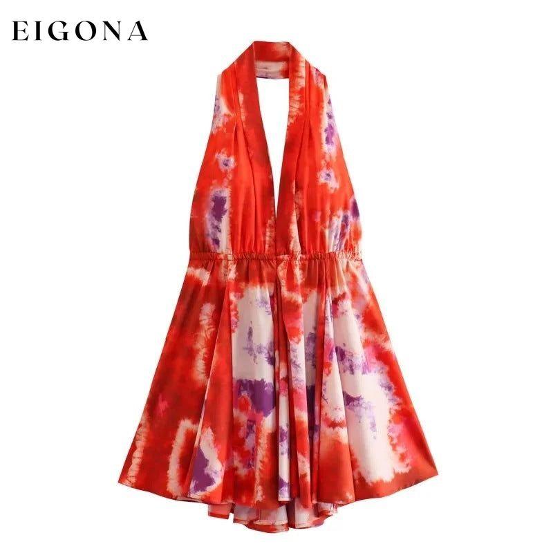 New fashionable V-neck suspender sexy printed halter neck short dress Red casual dress casual dresses clothes dress dresses short dress short dresses