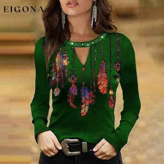 Sexy Feather Print Shirt Green Best Sellings clothes Plus Size Sale tops Topseller