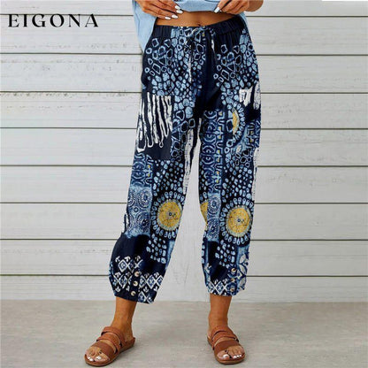 【Cotton And Linen】Vintage Printed Trousers Dark Blue best Best Sellings bottoms clothes Cotton And Linen pants Plus Size Sale Topseller