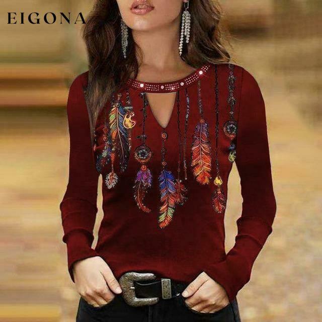 Sexy Feather Print Shirt Wine Red Best Sellings clothes Plus Size Sale tops Topseller