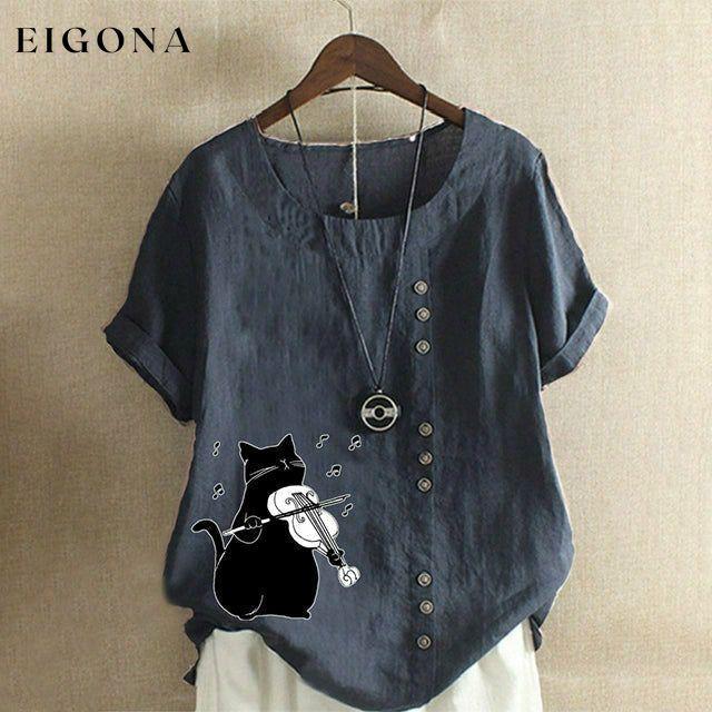 【Cotton And Linen】Cute Cat Print Blouse Dark Blue best Best Sellings clothes Cotton and Linen Plus Size Sale tops Topseller