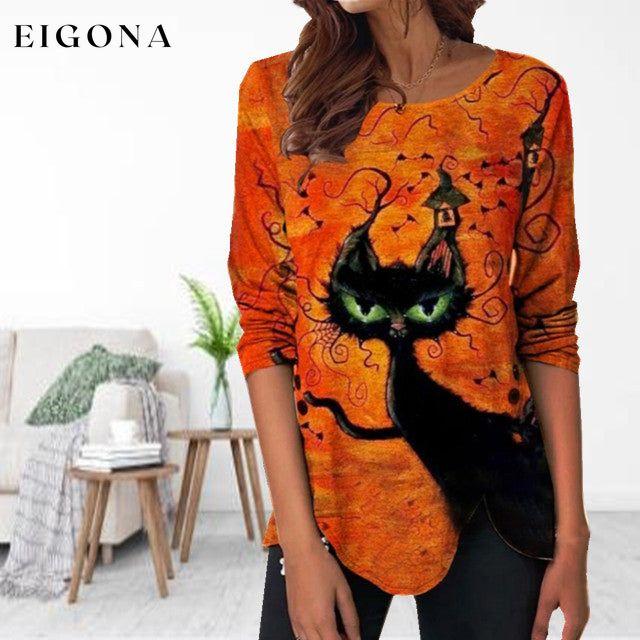 Cat Print Halloween Blouse Orange best Best Sellings clothes Plus Size Sale tops Topseller