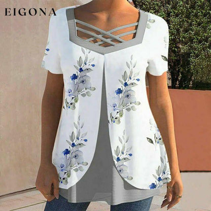 Double Layer Floral Print Blouse White best Best Sellings clothes Plus Size Sale tops Topseller