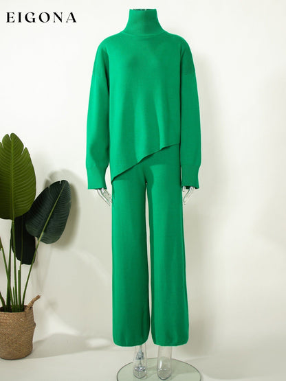 Half Turtleneck Irregular Asymmetric Sweater Suit Elegant Beveled Sweater Knitted Wide Leg Pants Green 2 pieces clothes long sleeve shirt pants set sets sweatshirt set