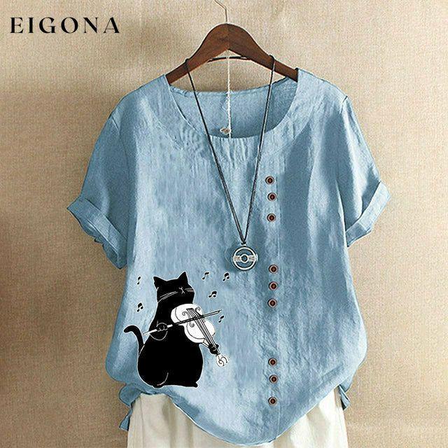 【Cotton And Linen】Cute Cat Print Blouse Blue best Best Sellings clothes Cotton and Linen Plus Size Sale tops Topseller