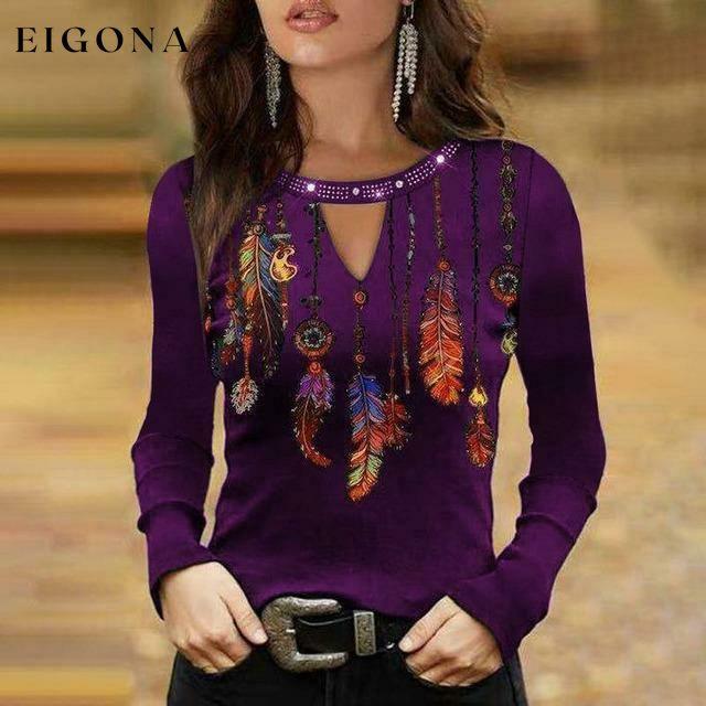 Sexy Feather Print Shirt Purple Best Sellings clothes Plus Size Sale tops Topseller