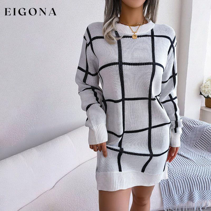 Casual Plaid Knit Dress White best Best Sellings casual dresses clothes Sale short dresses Topseller