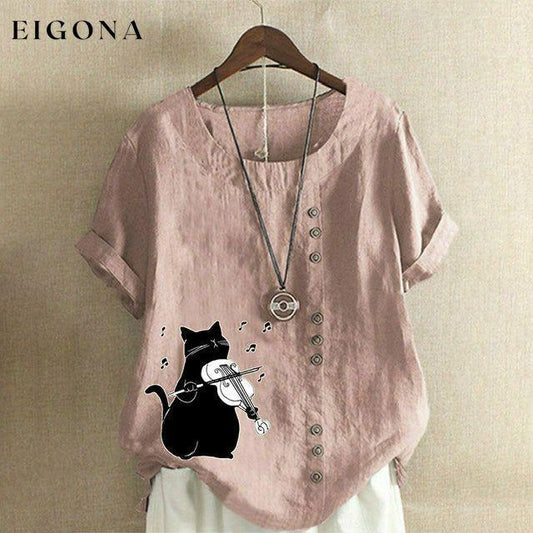 【Cotton And Linen】Cute Cat Print Blouse Pink best Best Sellings clothes Cotton and Linen Plus Size Sale tops Topseller