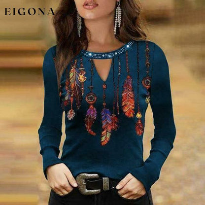 Sexy Feather Print Shirt Navy Blue Best Sellings clothes Plus Size Sale tops Topseller
