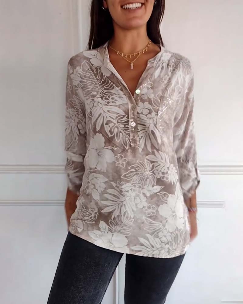 Patchwork-Top mit Pailletten und Blättermuster