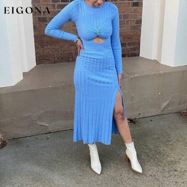 New hollow round neck solid color long sleeve slit knitted ribbed dress Blue casual dresses clothes dress dresses long dress long sleeve dresses midi dress