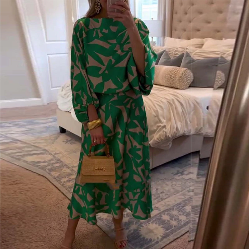 Temperamentvolles, bedrucktes Freizeitkleid-Set mit Laternenärmeln