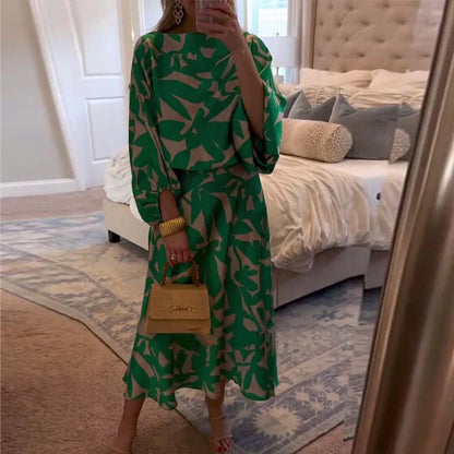 Temperamentvolles, bedrucktes Freizeitkleid-Set mit Laternenärmeln