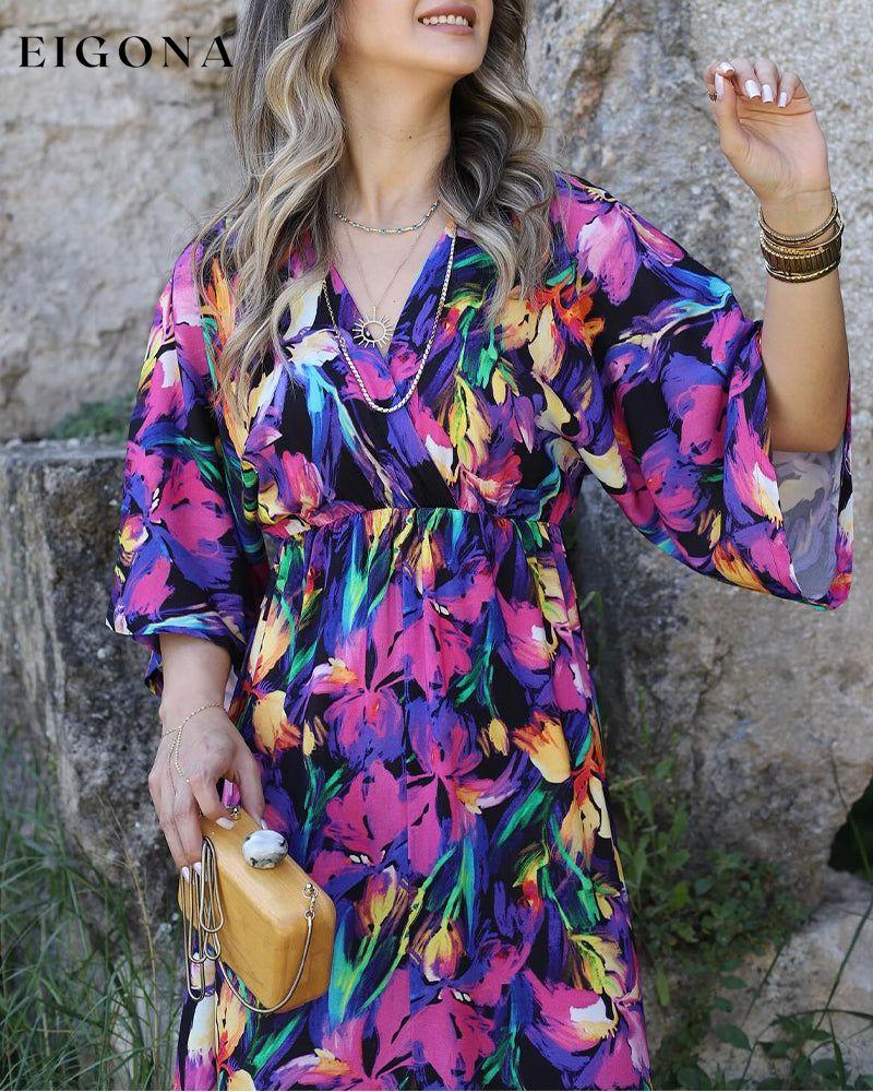 Colorful floral print V-neck slit long dress casual dresses spring summer vacation dresses