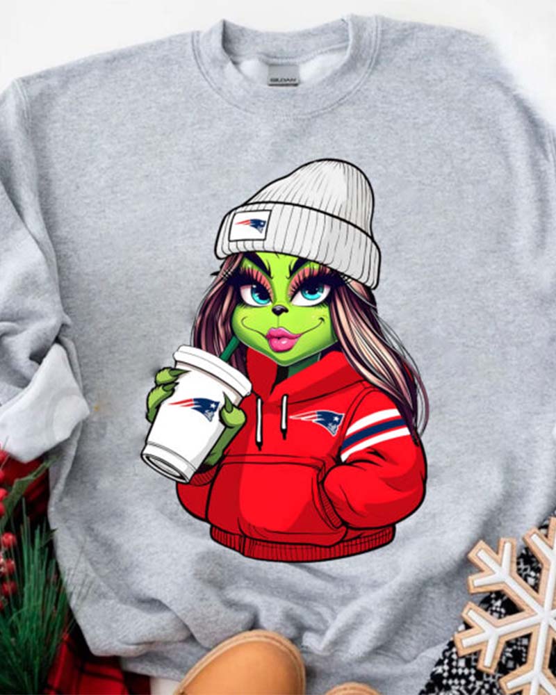 The Ginch Girl New England Patriots Drink Coffee Sweatshirt NFL 2024 f/w grinch nfl sweatshirts