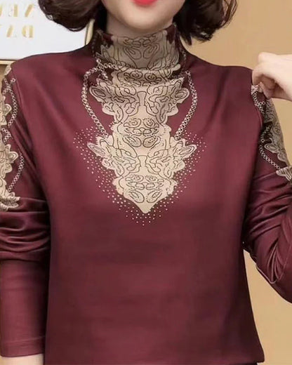 Elegant Printed Fitted Women's Stand Collar Top