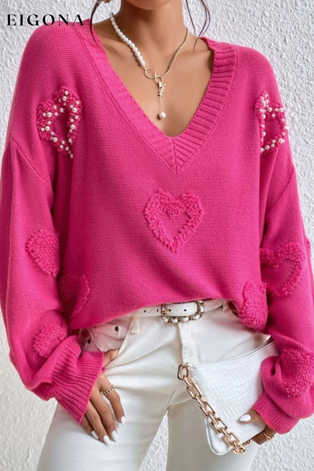 Rose Red Pearl Embellished Fuzzy Hearts V Neck Sweater All In Stock clothes Color Pink Craft Bead Day Valentine's Day Occasion Daily Print Solid Color Season Fall & Autumn Style Southern Belle sweaters Sweatshirt
