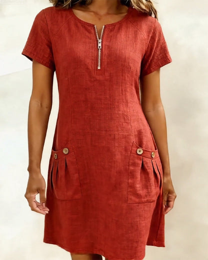 Zipper Pocket Cotton Linen Dress