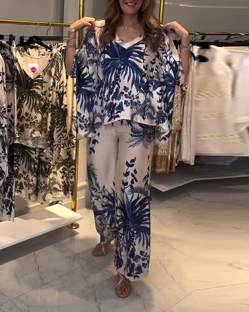 Leaf print V-neck three-quarter sleeve blouse and pants set spring summer two-piece sets