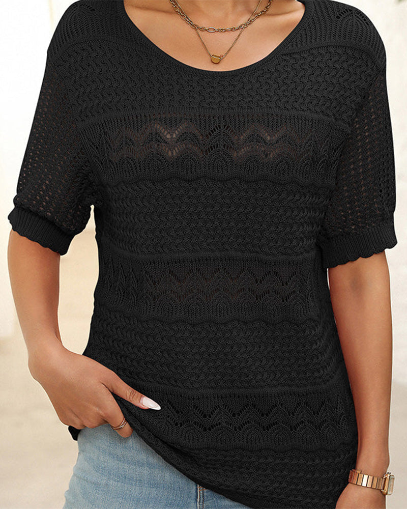 Women's Round Neck Hollow Knit Crochet Short Sleeve Sweater