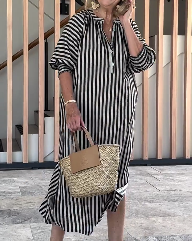 Puff Sleeve Button Slit Striped Dress