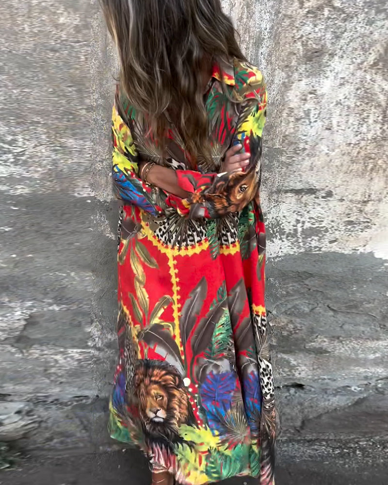 Modisches bedrucktes Button-Down-Hemdkleid