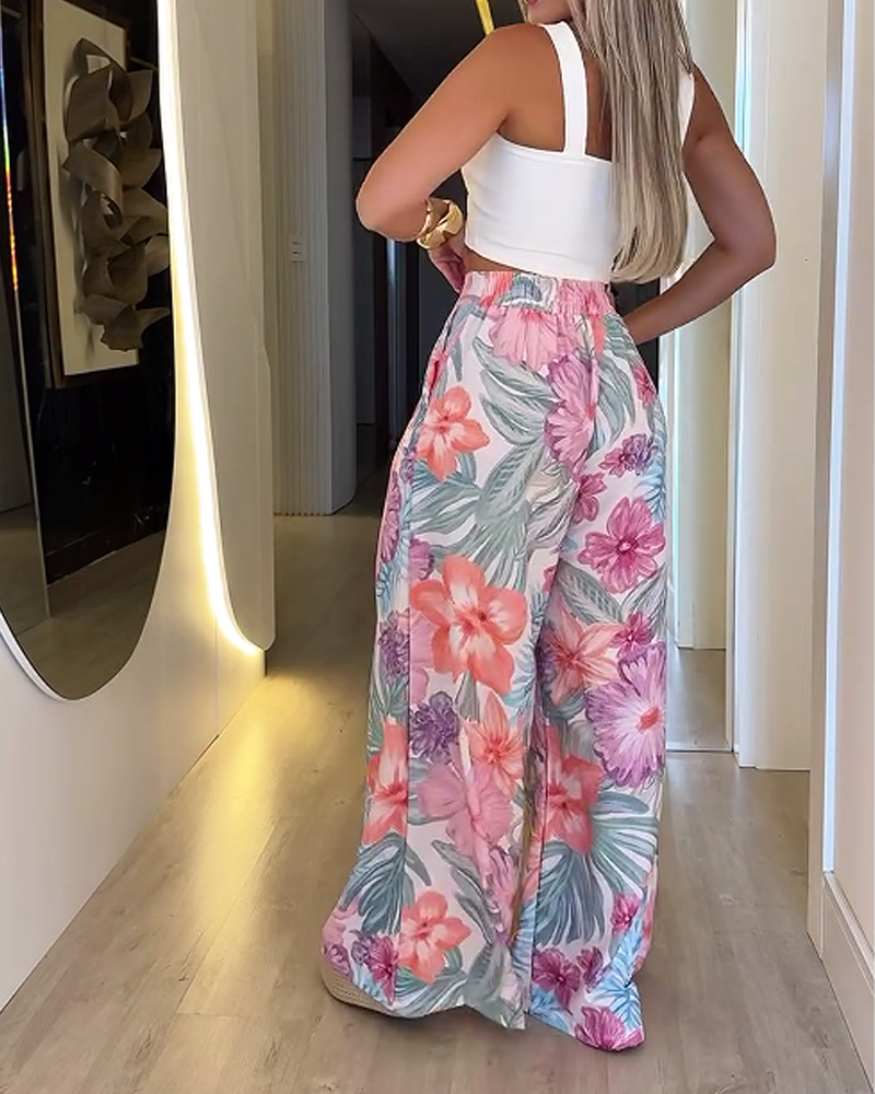 Floral Print Loose Wide-Leg Trousers