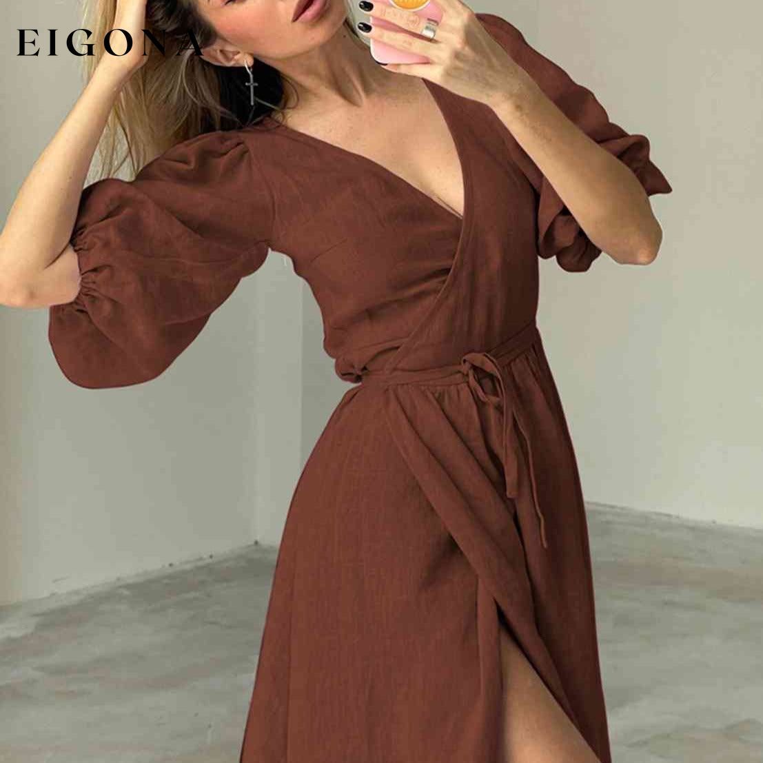 Surplice Balloon Sleeves Slit Short Sleeve Tied Dress buy this casual dresses clothes dresses Maxi maxi dress maxi dresses Q@S Ship From Overseas short dresses