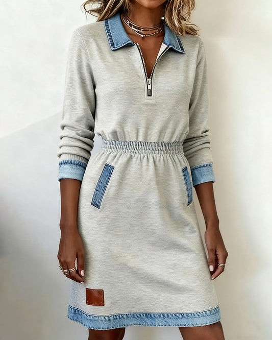 Zipper Lapel Denim Patchwork Dress