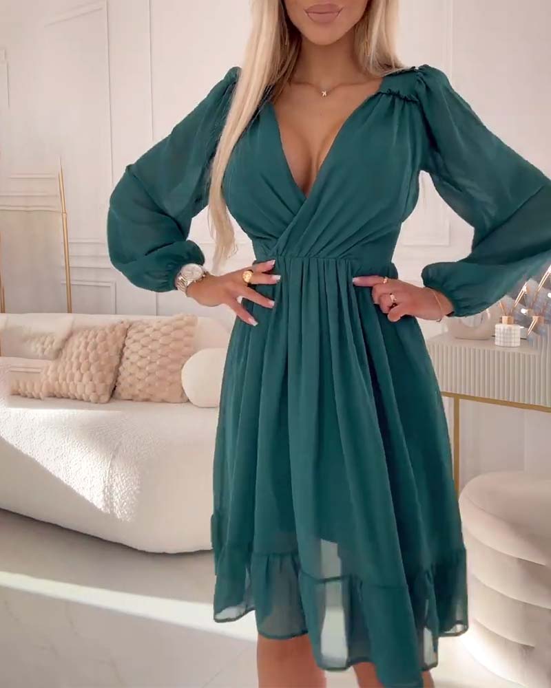 Deep V solid color lantern sleeve elegant dress casual dresses party dresses spring summer