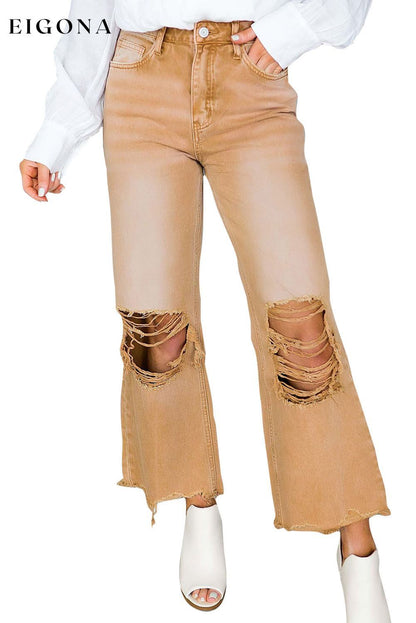 Brown Distressed Hollow-out High Waist Cropped Flare Jeans All In Stock Best Sellers clothes Color Orange Craft Distressed EDM Monthly Recomend Fabric Denim Hot picks Occasion Daily Print Solid Color Season Spring Silhouette Wide Leg Style Southern Belle