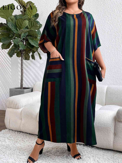 Plus Size Striped Maxi Dress with Pockets Stripe clothes dress dresses maxi dress Ship From Overseas Shipping Delay 09/29/2023 - 10/03/2023 Z@Q