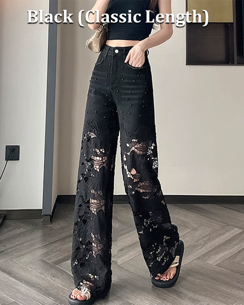 Women's Rhinestone Cutout Wide-Leg Jeans