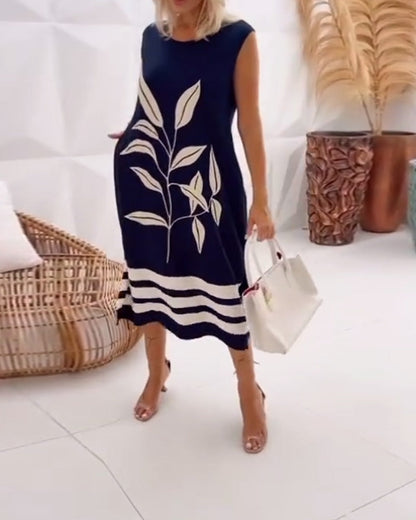 Elegante abito senza maniche con stampa a foglie