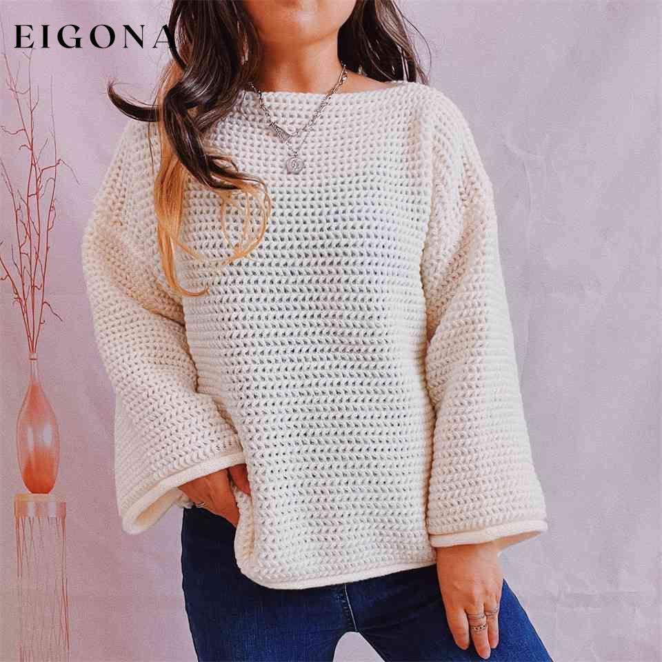 Openwork Boat Neck Long Sleeve Sweater White clothes S.X Ship From Overseas sweater sweaters