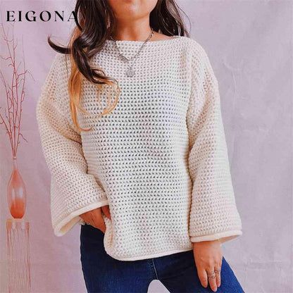 Openwork Boat Neck Long Sleeve Sweater White clothes S.X Ship From Overseas sweater sweaters