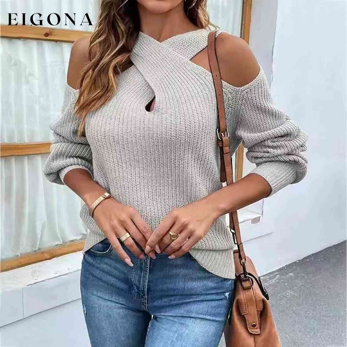 Crisscross Cold-Shoulder Sexy Sweater Heather Gray clothes long sleeve shirts long sleeve top Ship From Overseas Shipping Delay 10/01/2023 - 10/02/2023 shirt shirts sweater sweaters top tops Y*X