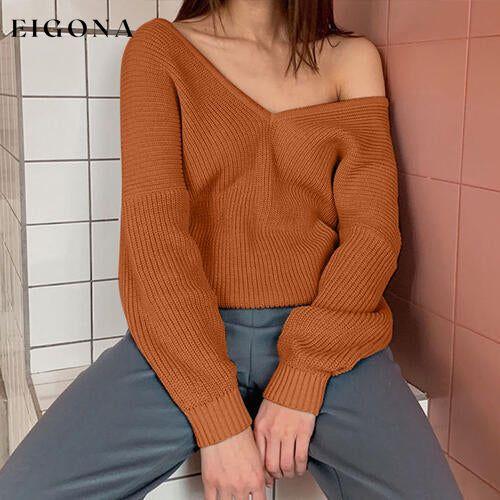 V-Neck Dropped Shoulder Long Sleeve Sweater Caramel clothes Ship From Overseas Sweater sweaters Sweatshirt T*Y