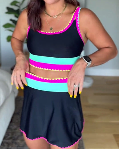 Stylish Color-Blocked Three-Piece Swimsuit