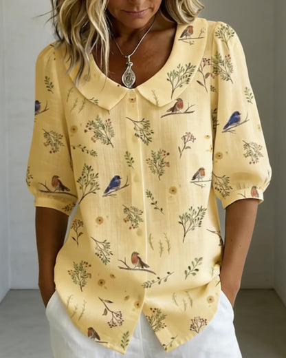 Bird Pattern Peter Pan Collar Shirt