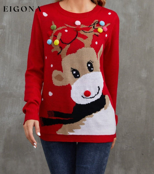 Rudolph Pom-Pom Trim Christmas Sweater Red C.J@MZ christmas sweater clothes Ship From Overseas